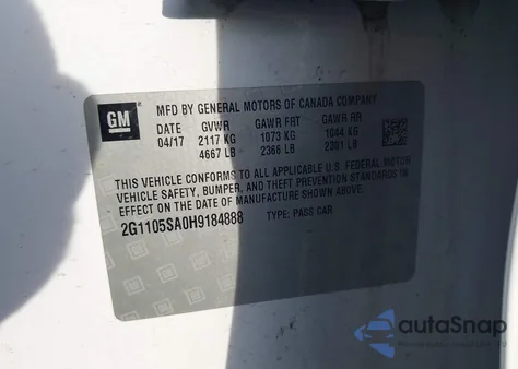 2017 Chevrolet Impala from USA, damaged, VIN 2G1105SA0H9184888